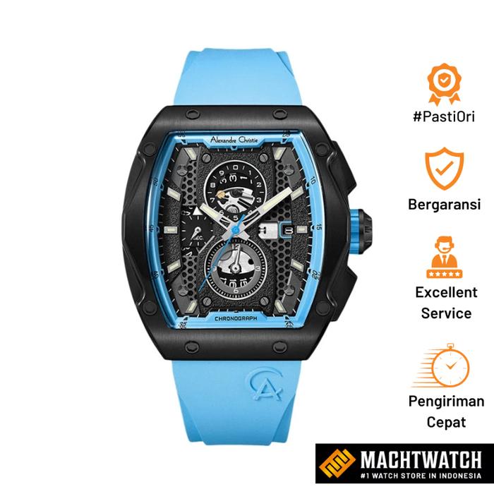 Jam Tangan Pria Alexandre Christie Chronograph AC 6608 MC RIPBALB Men Black Dial Blue Rubber Strap