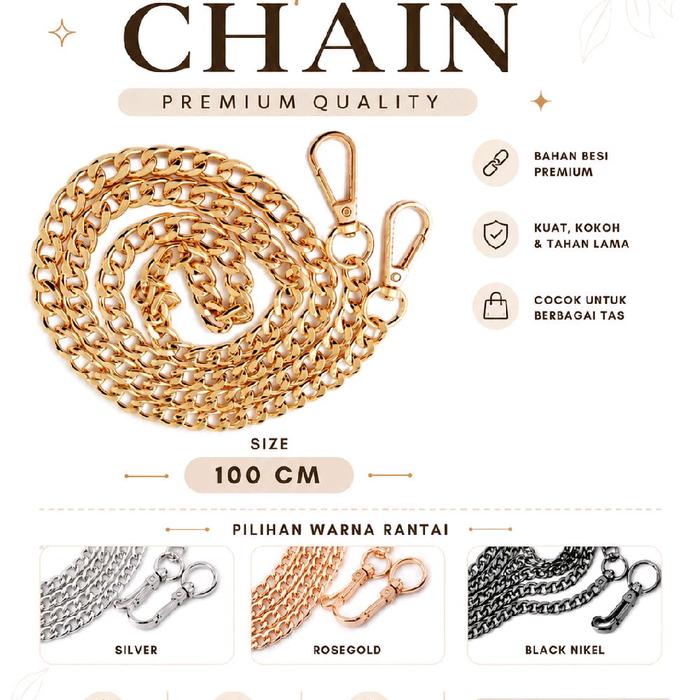 Strap Rantai Tas Selempang Kualitas Premium Tebal 100 CM Rose Gold Black Nickel Silver Handlerantai 