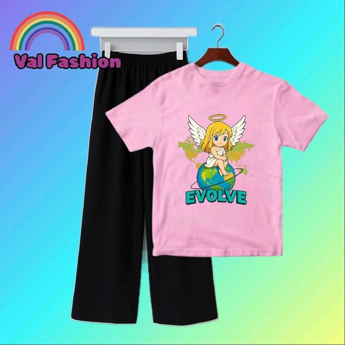 Setelan Motif EVOLV Kaos Anak Perempuan 5-12 Tahun dan Celana Kulot Hijau Sage Voxy Baju Fashion
