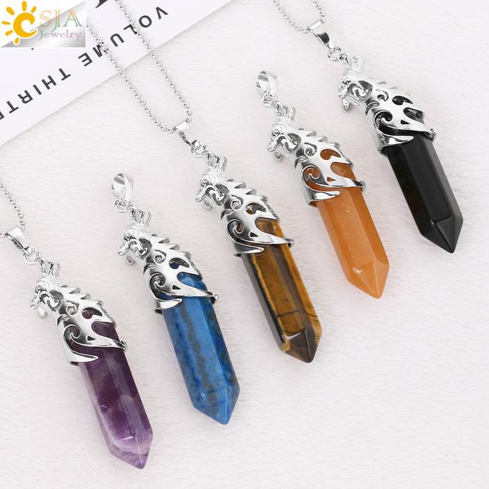 CSJA Viking Wolf Head Crystal Pendant Necklace for Man Hexagon Natural Gem Stone Healing Amethysts P