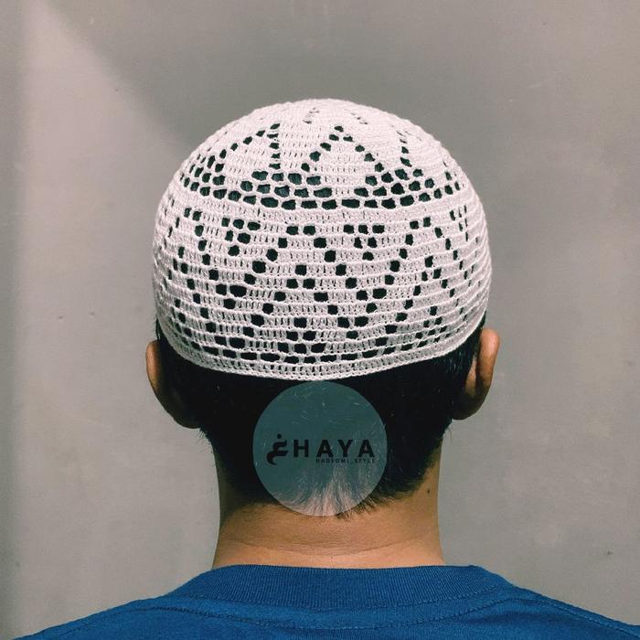 GHAYA HADROMI_STYLE Peci Rajut Motif Peci Rajut Lokal Dewasa Kopiah Songkok Pria Muslim Putih