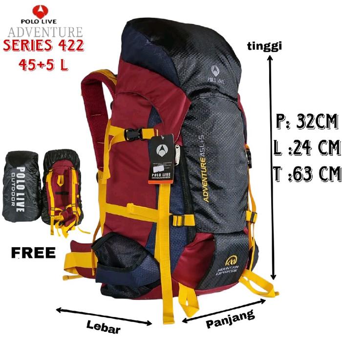 Polo Live Tas Carrier Ransel Hiking Trekking Gunung Backpack Camping 45+5 Liter Travel Hitam Cordura