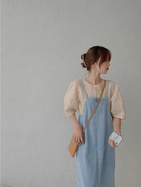 Gaun Denim Overall Spaghetti Strap Musim Panas 2025 untuk Wanita, Gaya Korea, Longgar, Panjang Sedan
