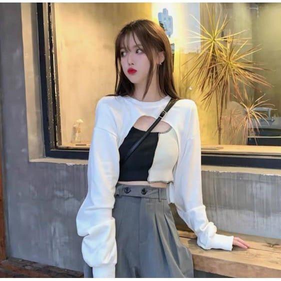 JKFashion - REC Sweater Pent Top / Jiewon Crop Sweater / Switer crop dada terbuka