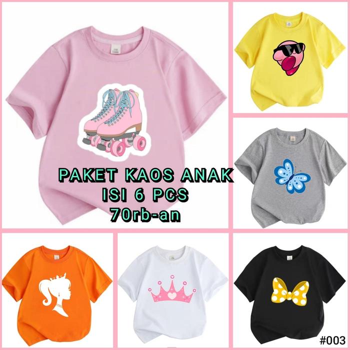 PAKET BUNDLE 6pcs Kaos anak perempuan lengan pendek atasan anak cewek gambar 003 BUTTERFLY SEPATU RO