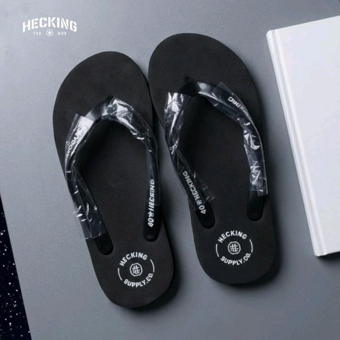 Hecking Sandal Spon Original Bandung Distro Hitam dengan Logo Hecking Supply Co Sendal Jepit Karet P