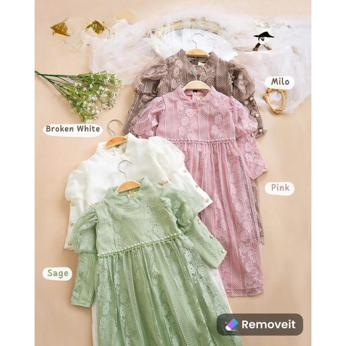 𝕼𝖚𝖊𝖊𝖓 Baju Dress COUPLE Moms Anak 2-15 Tahun Brukat Malika Full Puring Dress Kids Aqila Dress Anak P