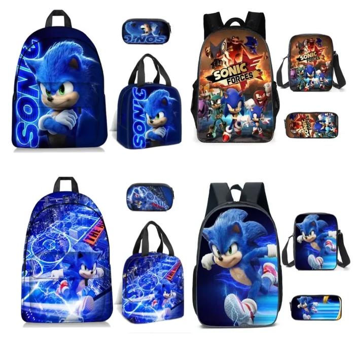 3PC-SET New Backpack Sonic Print Backpack Elementary School Students