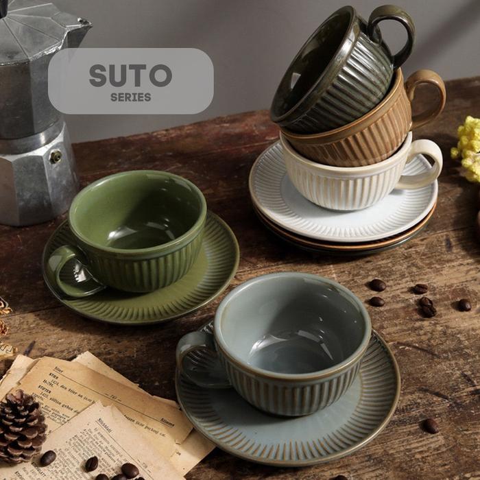 [HOF] SUTO Cangkir Keramik dengan Piring | Gelas Kecil Mug Kopi Teh Cafe Kramik Unik Aesthetic