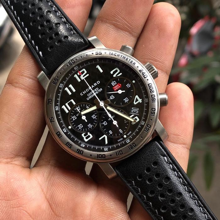 Chopard Jam Tangan Pria Titanium Chase Autamatic 38mm Desain Chronograph Tali Kulit Hitam Original G