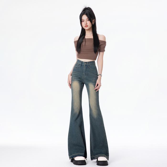 Jeans Flare Pinggang Tinggi Wanita Biru | Sembunyikan Paha Besar & Betis Besar, Cocok untuk OOTD Han
