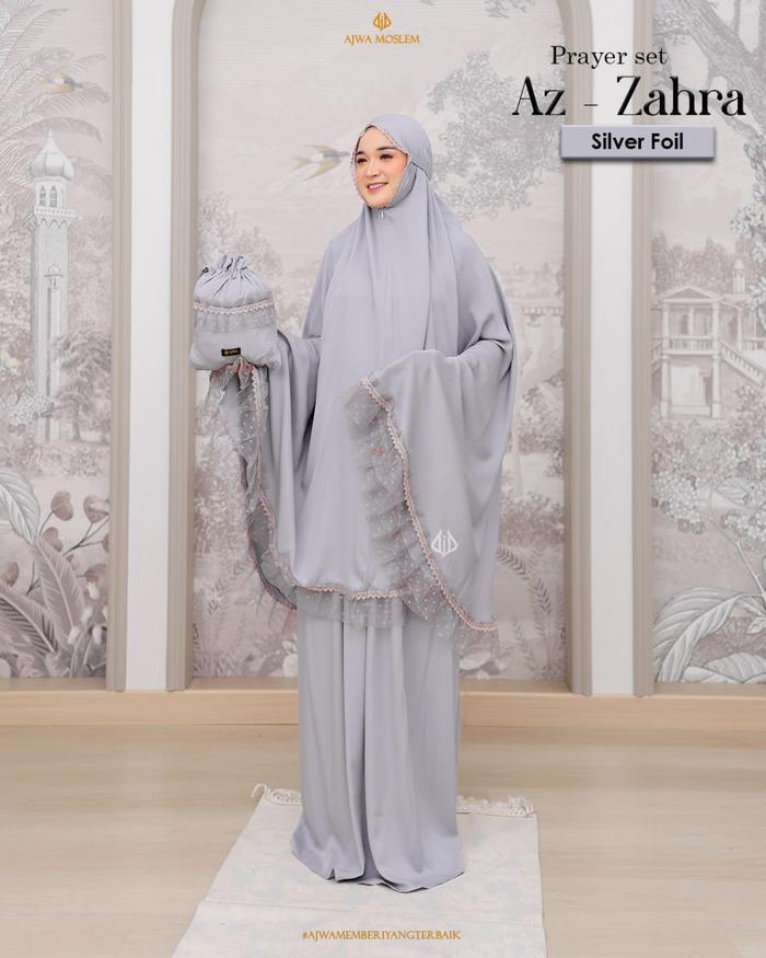 Ajwa MUKENA AZ-ZAHRA Silver Foil Rayon Viscose Premium dengan Renda Bordir Gold & Tulle Polkadot Kua