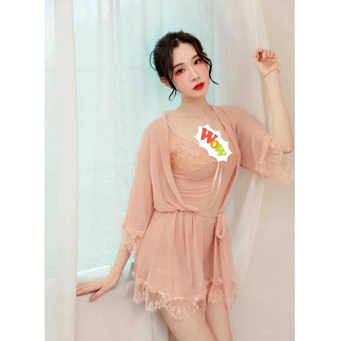 SKA173 Dress Lingerie Krem dan Kimono Luar - Baju Tidur Transparan