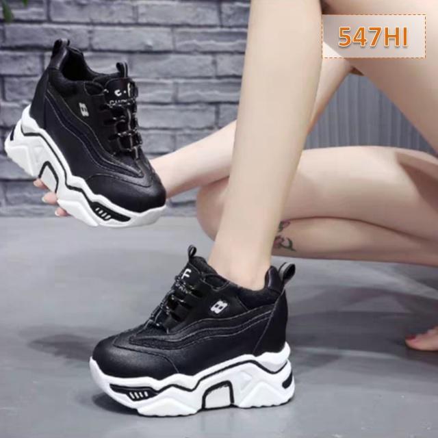 Sepatu Wedges Wanita Laudya Kasual Korea Tinggi Sol 8 Cm Hitam Pink Hijau Kuning (AS106) - Hitam, 36