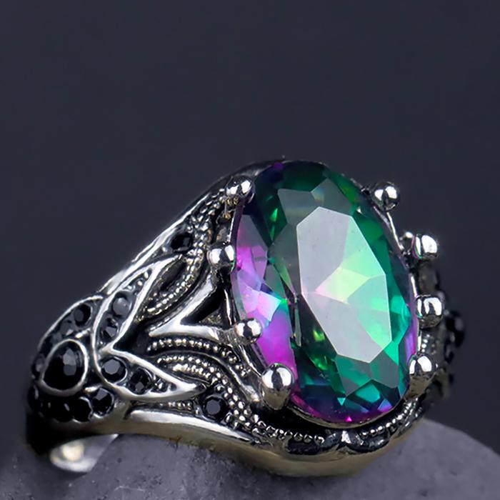 Cincin Pria Kristal Buatan Berwarna Oval Berwarna Oval yang Dipersonalisasi, Batu Berwarna Bentuk Te