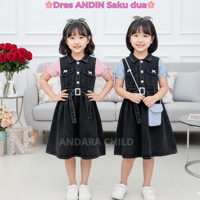 Dress Jeans ANDIN Anak Model Korean Style Matt Jeans Snow Mix Katun Salur Usia 3-10 Tahun Free Tas B