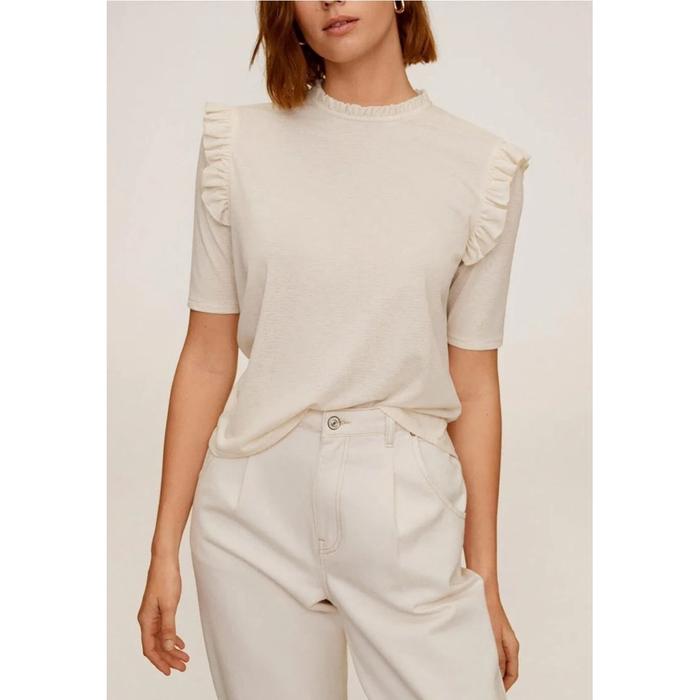 PRELOVED MNG Mango Broken White Short Sleeve Ruffle Blouse Top Fashion Wanita Basic
