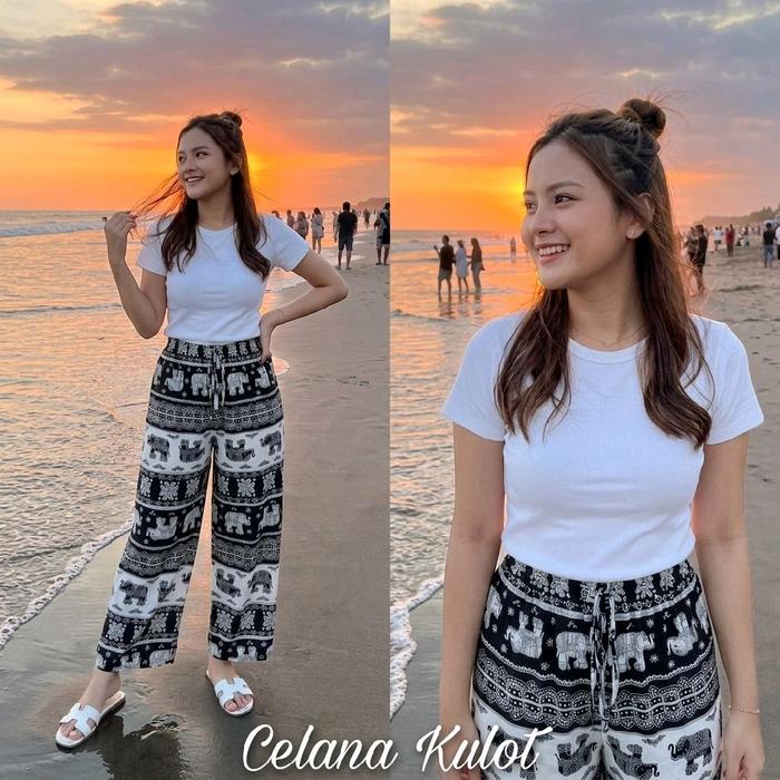 CELANA PANJANG MOTIF GAJAH KULOT GAJAH KULOT RAYON Wanita Katun Linen Dewasa Kancing Hitam Nyaman Sa