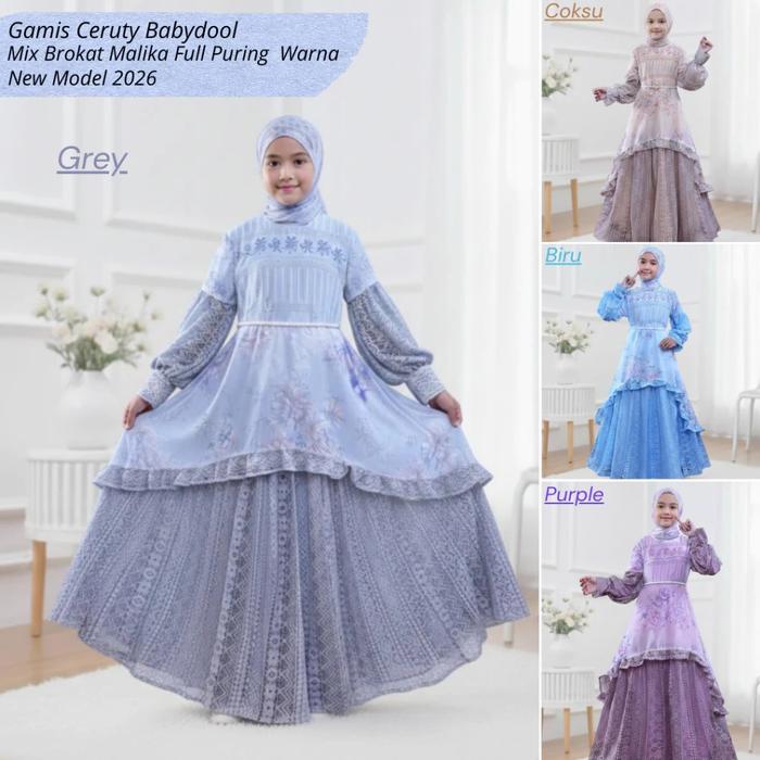 Gamis Ceruty Babydoll Mix Cardigan Tille Brukat Raindrop Full Puring Usia 3-12 Tahun Free Hijab Segi