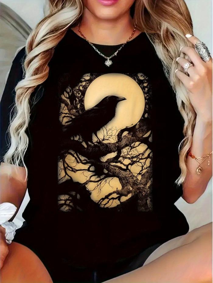 Camiseta Plus Size, Edicion Limitada con Diseno de Cuervo y Arbol - 220gsm Camiseta Negra Pesada con