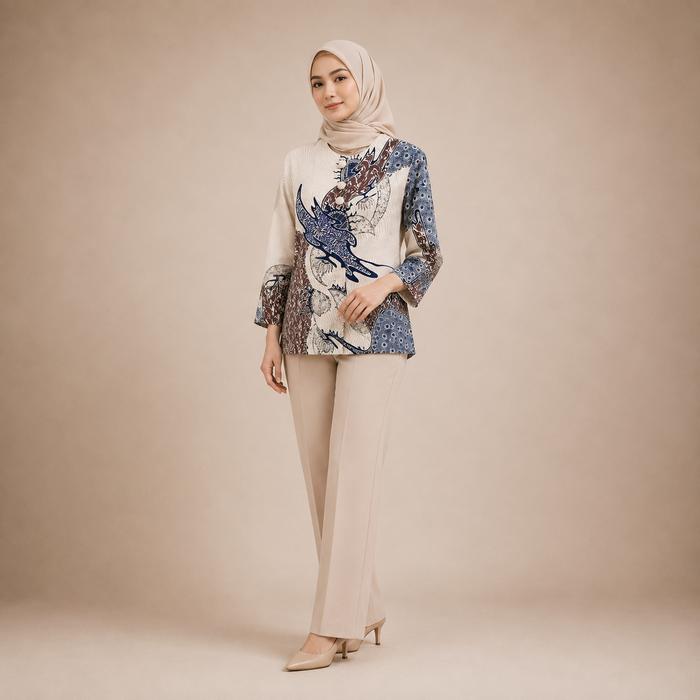 Batik Blus Najib Cream Biru | Batik Blouse Cewek | Batik Wanita Karir | Batik Wanita Kerja | Batik K