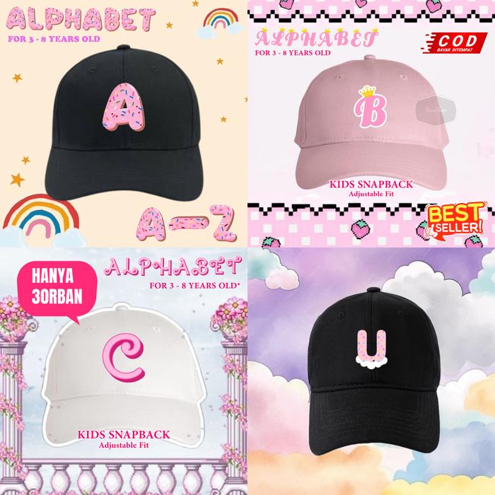 FUN4FUN - TOPI ANAK PEREMPUAN CEWE ALFABET PINK A-Z INISIAL NAMA KUMPULAN DONUT PRINCESS BARBIE UNIC