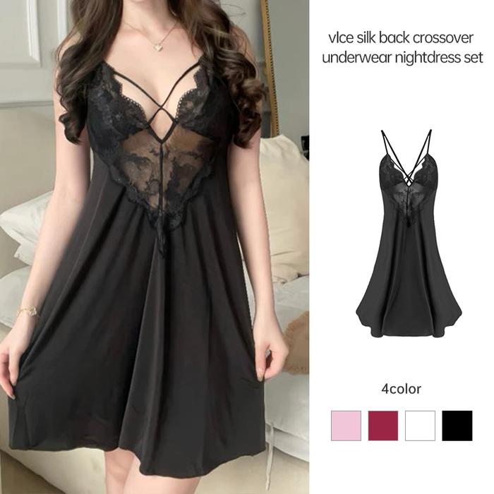 <WI>Set Pakaian Dalam Tidur Seksi Tipis untuk di Rumah Baju Tidur Sutra Es dengan Tali Bahu untuk Wa