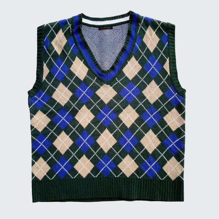 Green Blue Cream Diamond Argyle Plaid Mad Mad Japan Knitted Vest - Unisex - XL
