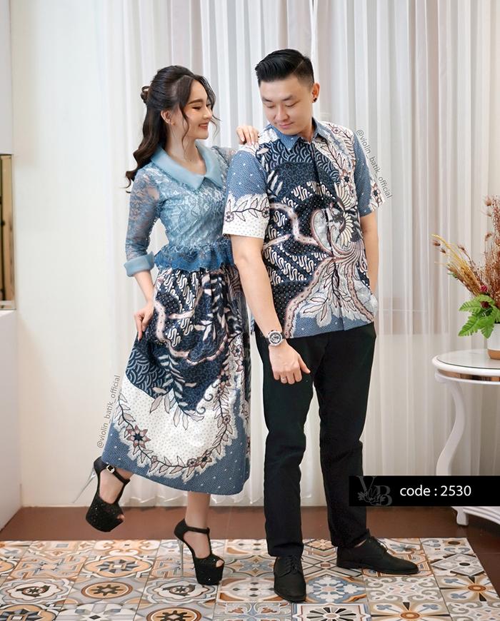 Violin Batik Stelan Rok Lebar Katun Dan Brokat Biru 2530