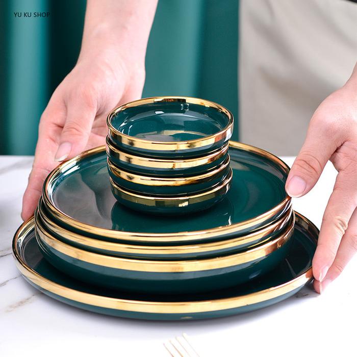 Gold Edging Green Porcelain Plates Food Dinner Set Dishes Salad Soup