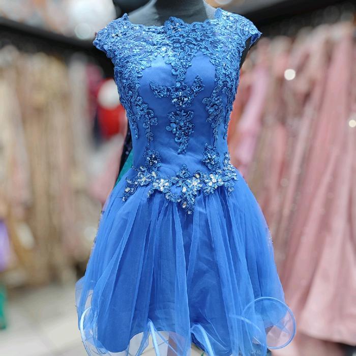 Dress tile biru elektrik pendek selutut simple elegant