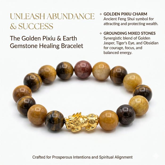 Gelang Feng Shui Pixiu Gold & Mixed Stones (Golden Jasper/Obsidian/Tiger Eye) - Gelang Pembawa Keber