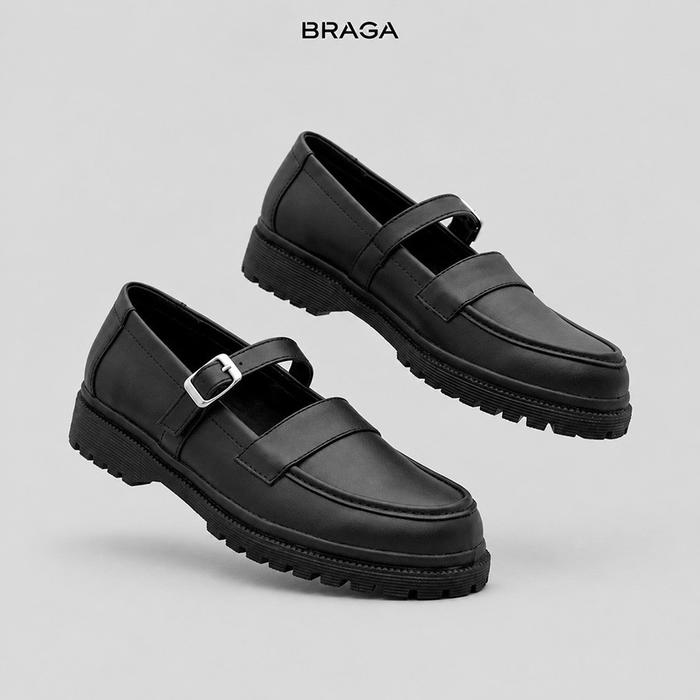 Braga Azumi B 3541 Sepatu Wanita Loafers Mary Janes Kantor Kerja Kuliah Sekolah Guru Hitam Kulit Sin