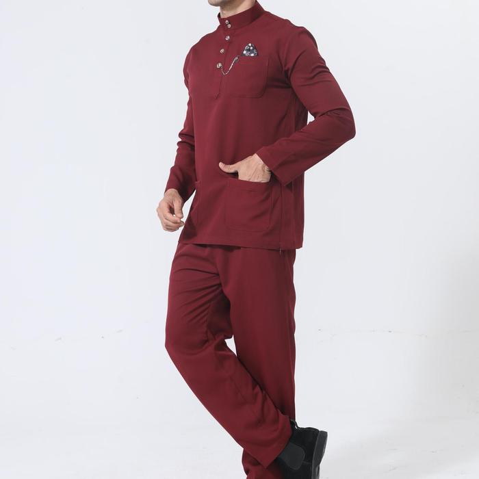 JI CHAO Baju Jas Pria Muslim Kain Katun Lembut Motif Atasan Kancing Batu Permata Indah Lebaran Versi