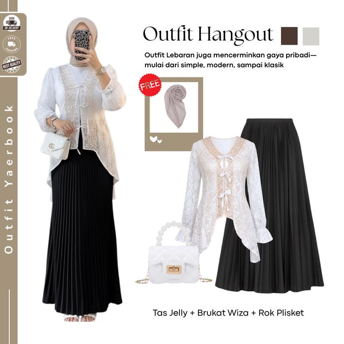 4in1 Set Outfit Kondangan One Set Wanita Hijab Muslim ( Tas Mini + Atasan Brukat Putih + Bawahan Rok