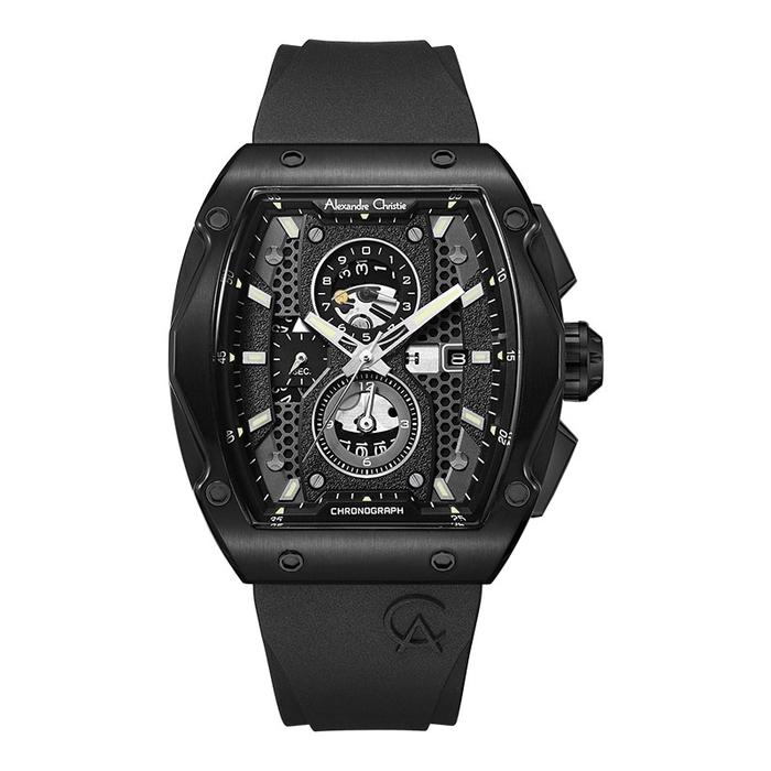 Jam Tangan Pria Alexandre Christie Chronograph AC 6608 MC RIPBA Men Black Dial Black Rubber Strap