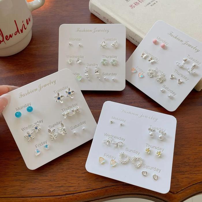 Sea Blue Bean Geometry of Week Ear Stud Set Silver Needle Small and Exquisite Flowers Butterfly Earr