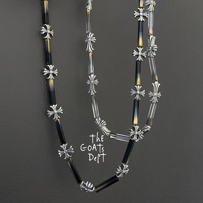 The Goats Dept - Black White Chrome Cross Hearts Necklace ( Long Beads ) / kalung bunga antik punk g