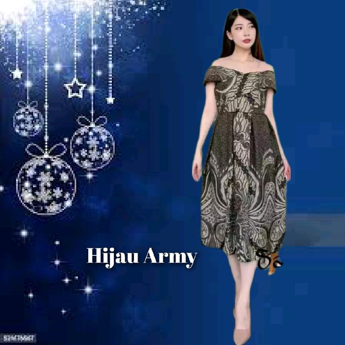 Gaun Pesta Wanita Gereja Midi Dress Natal Korea Kekinian Hijau Army