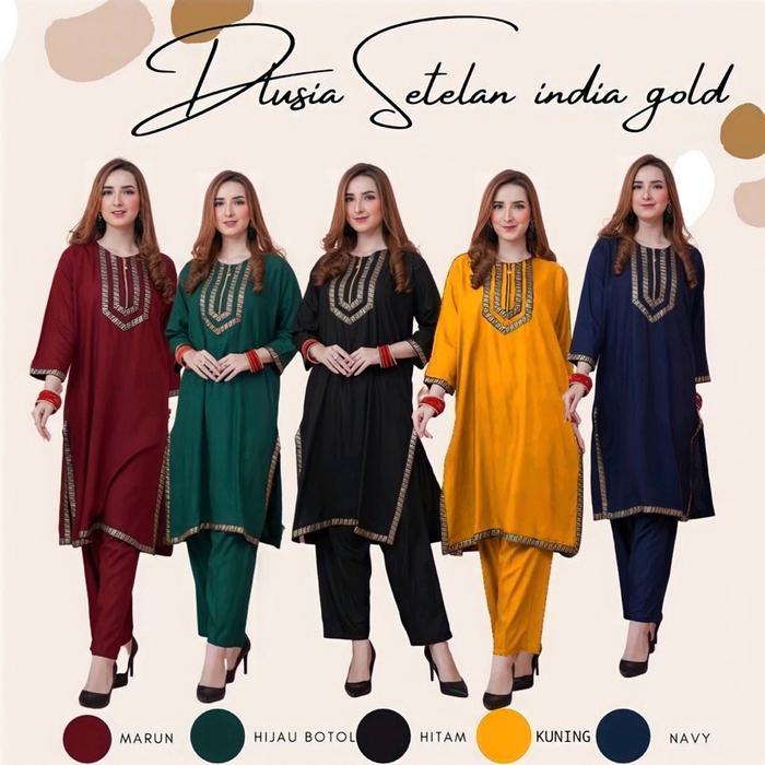 DLUSIA SETELAN INDIA GOLD BY DLUSIA - SETCEL HOME DRESS - SETELAN BAJU DAN CELANA WANITA Atasan Lemb