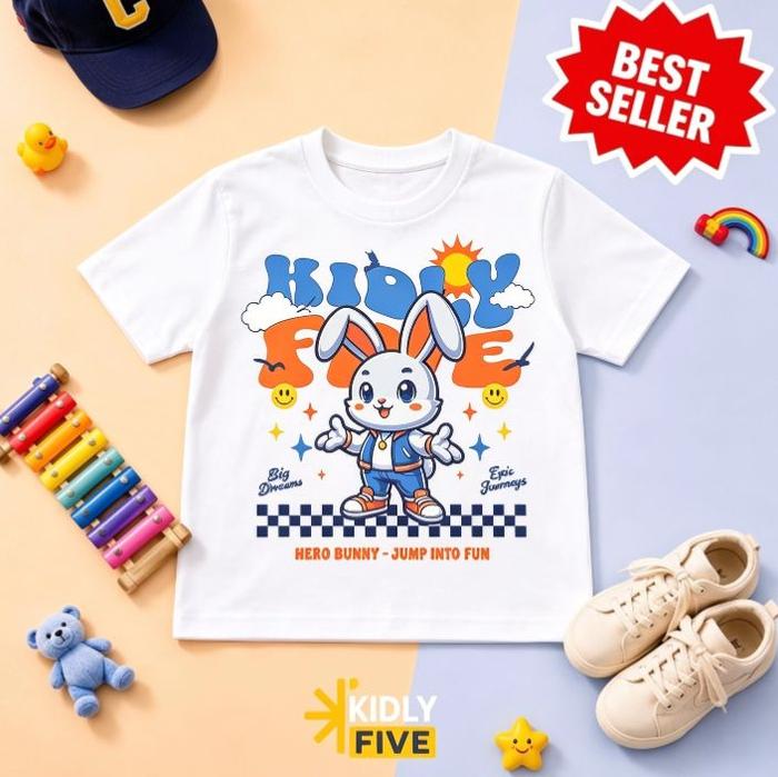 Kidly Five Baju Anak Hero Bunny Jump Into Fun Best Seller Kaos Putih dengan Desain Karakter Lucu unt
