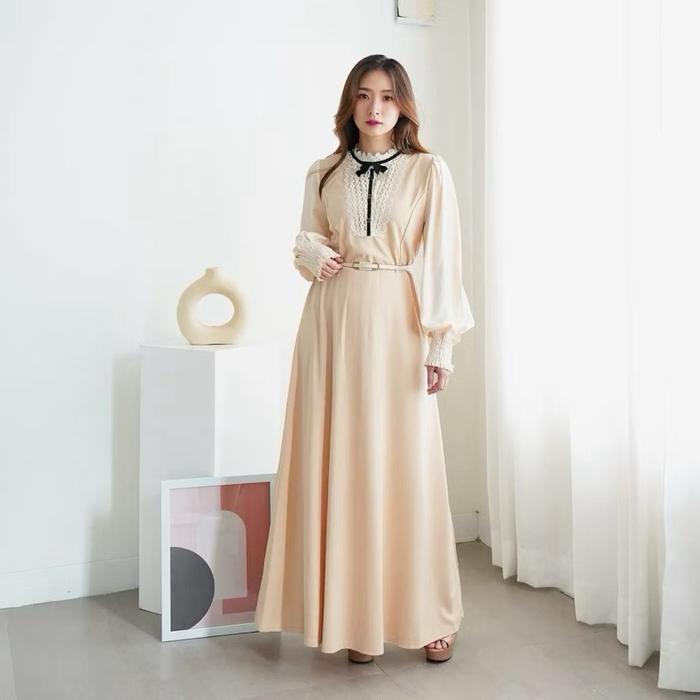 Dress gaun wanita kekinian noni belanda warna cream terbaru scuba moss crepe Mewah