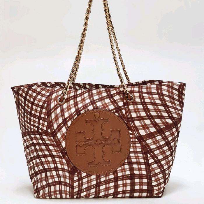 Tory Burch Original USA TB ELLA PRINTED CHAIN TOTE BROWN WARPED GINGHAM Authentic USA Store