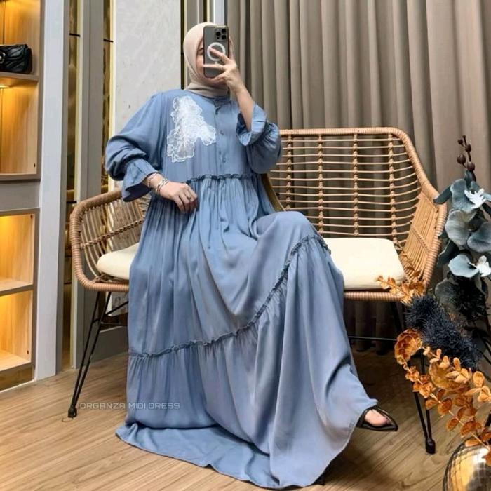 Organza MoDress Gaun Panjang Wanita Biru Muda dengan Ruffle dan Detail Bordir Elegan untuk Acara San