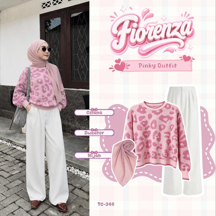 One Set 3in1 Setelan Wanita Sweater Switer Crewneck Fiorenza Knit Rajut Crop Leopard Jennie Celana K