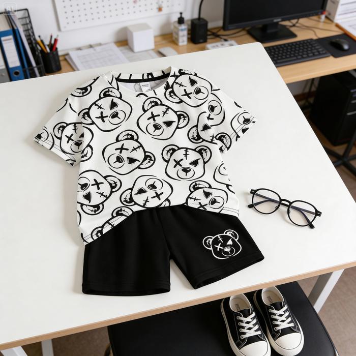 BRUNO XXX Setelan Kaos dan Celana Pendek Motif Beruang Hitam Putih untuk Gaya Santai