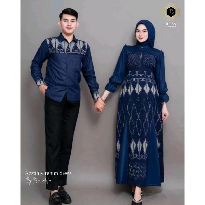 Baju Couple Ihsan Collection Tenun Warna Navy Motif Lembayung - Atasan, Katun, Sarimbit, Ibu, Setela