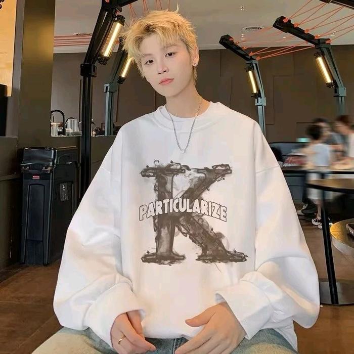 Sweater Oversize Unisex Fleece Lembut – Motif Abjad K Particularize  | Crewneck Korea Casual Warna P