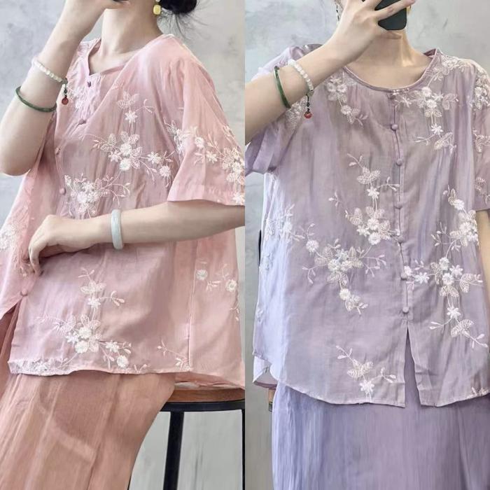 BLUS SATIN SILK UNGU LAVENDER PINK OVERSIZE BORDIR BUNGA PUTIH KOREA IMPORT