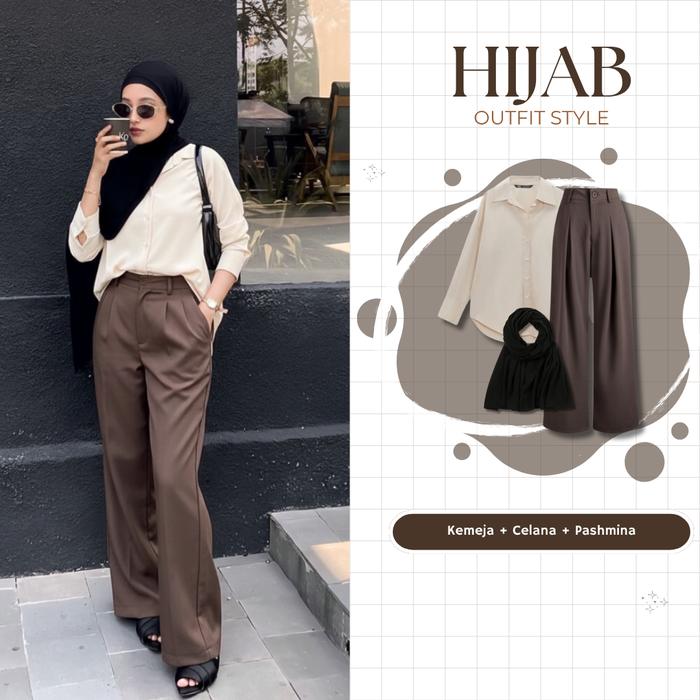 Hijab Style Choco Outfit|Oneset 2in1 Basic Spesial Outfit Perempuan(Kemeja +Celana Jennie+Pashmina K